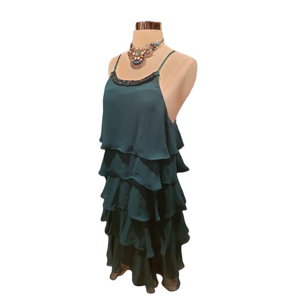 SL Fashions Green Chiffon Tiered Ruffle Beaded Dress Women’s L Cocktail Party - Picture 3 of 6